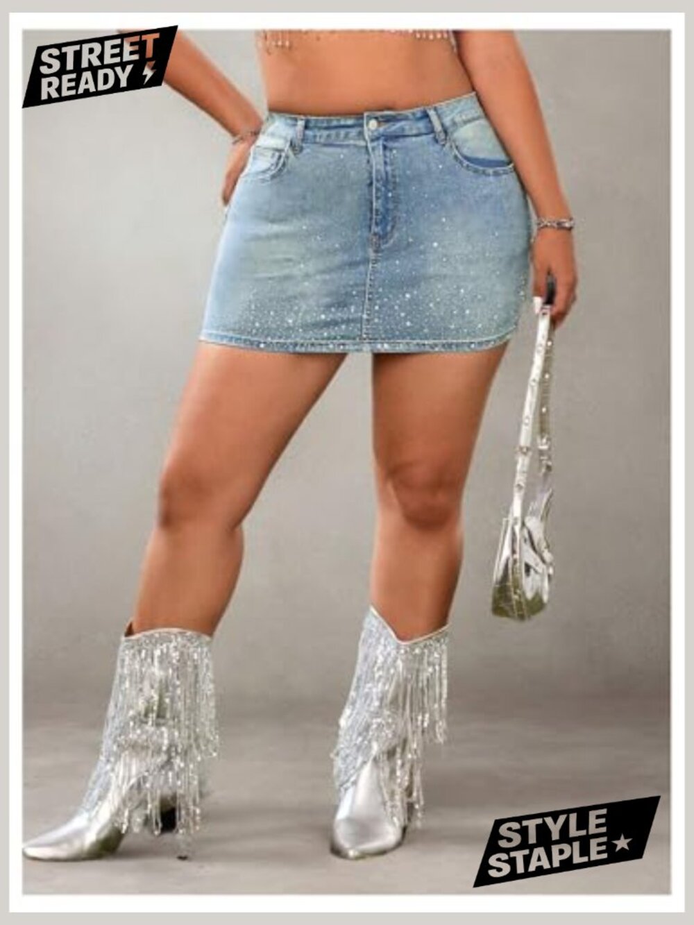 Plus Size Rhinestone Glitter Denim Mini Skirt with Pockets High Waist - Picture 4 of 5